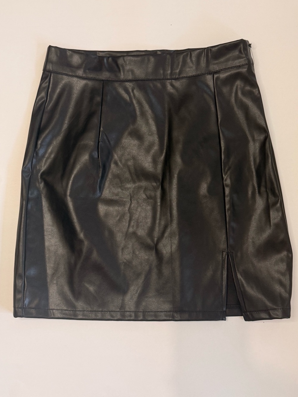 Black Faux Leather Mini Skirt with Side Slit